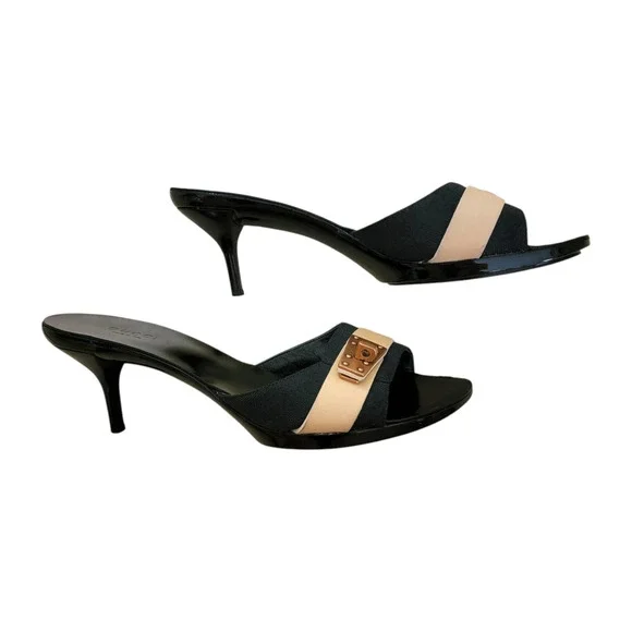 Gucci Black Beige Patent Leather GG Logo Turnlock Mule Slides 37 US 7 - Picture 10 of 17